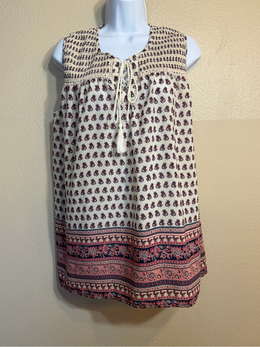 Boho Cream Sleeveless Printed Peasant Top